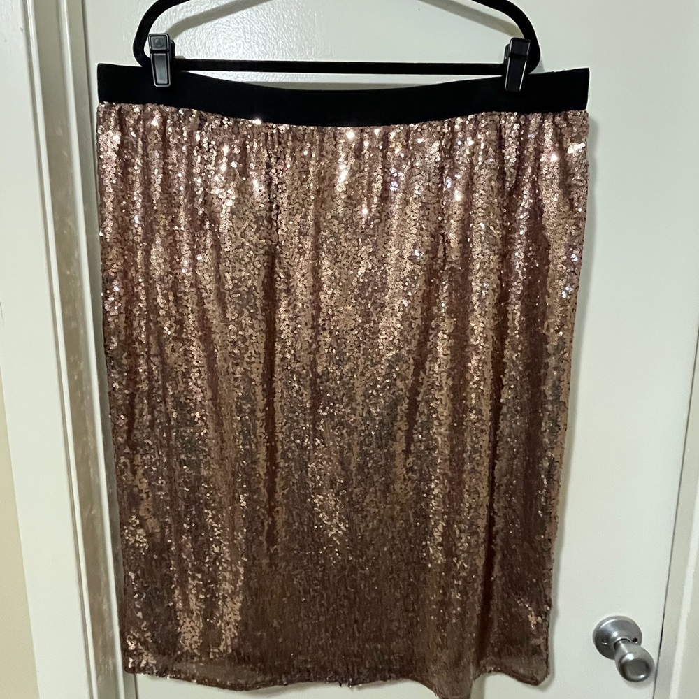 Lane Bryant Rose Gold Sequin Midi Skirt with Black Waistband